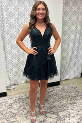 V-Neck Black A-line Sequin Appliques Lace Short Party Dress