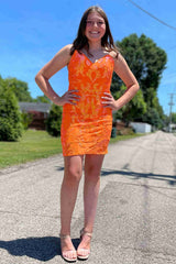 Short Strapless Orange Mermaid Appliques Lace Homecoming Dress