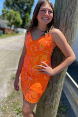 Short Strapless Orange Mermaid Appliques Lace Homecoming Dress
