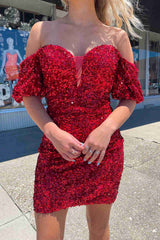 Off the Shoulder Red Mermaid Sequin Short Homecoming Dress