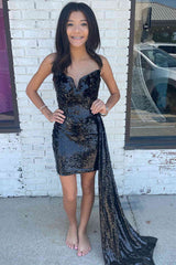 Black Strapless Sequined Mermaid Homecoming Dress with Waist Cape