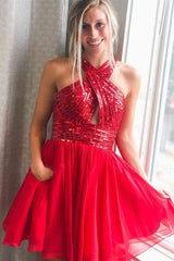 Short A-line Tulle Red Sequined Homecoming Dress with Pockets