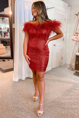 Mermaid Off the Shoulder Red Feather Bodycon Homecoming Dress