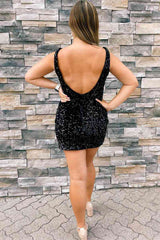 Mermaid V-Neck Black Sequins Short Backless Homecoming Dress