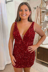 Mermaid V-Neck Black Sequins Short Backless Homecoming Dress