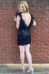 Black Mermaid Feather Neck Sequin Backless Homecoming Dress