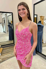 V-Neck Dark Green Sequins Short Open Back Homecoming Dress