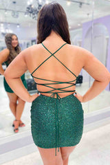 Dark Green Mermaid Cowl Neck Short Open Back Homecoming Dress