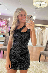 Backless One Shoulder Mermaid Sequins Short Homecoming Dress
