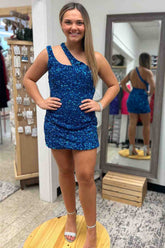 Backless One Shoulder Mermaid Sequins Short Homecoming Dress