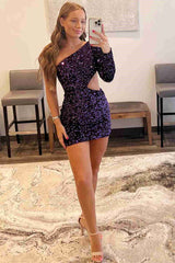 Long Sleeves One Shoulder Mermaid Sequin Homecoming Dress
