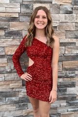 Long Sleeves One Shoulder Mermaid Sequin Homecoming Dress