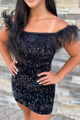 Short Mermaid Sequin Off the Shoulder Feather Homecoming Dress