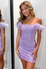 Short Mermaid Feather Off the Shoulder Sequins Mini Homecoming Dress