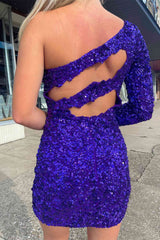 Sexy Short Mermaid One Shulder Sequined Homecoming Dress with Sleeves