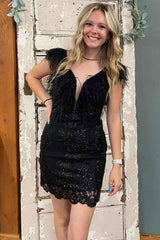 V-Back Feathered Black Mermaid Sequins Backless Homecoming Dress