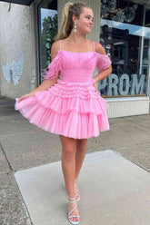 Short A-line Off the Shoulder Tulle Prom Dresses