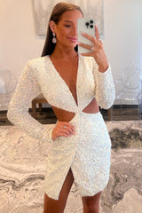 Mermaid V-Neck Sequin Side Cutout Short Homecoming Dress with Sleeves