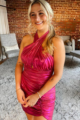 Cross Halter Fuchsia Mermaid Short Homecoming Dress