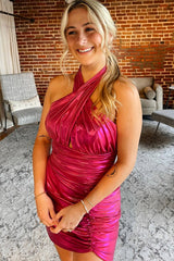 Cross Halter Fuchsia Mermaid Short Homecoming Dress