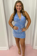 Halter Mermaid Short Sequin Backless Homecoming Dress