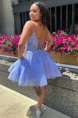 Short A-Line Spaghetti Straps Sweetheart Backless Homecoming Dress with Appliques Lace