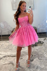 Strapless Short A-Line Tulle Party Dress with Appliques Lace