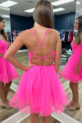Short Spaghetti Straps A-Line Tulle Open Back Homecoming Dress