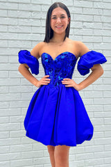 Sweetheart Royal Blue Satin A-line Sequin Short Homecoming Dress