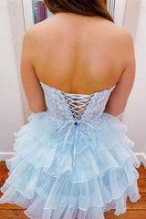 Short Sweetheart Applique Lace A-Line Ruffle Tulle Homecoming Dress