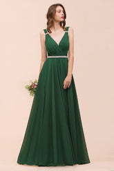 Gorgeous Long A-ine V-Neck Chiffon Bridesmaid Dress with Beading Sash