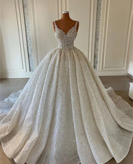 Gorgeous Long Ball Gown V-neck Sleeveless Backless Sequined Wedding Dresses