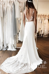 Gorgeous Long V-neck Lace Backless Mermaid Wedding Dresses
