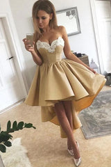 High Low A-line Sweetheart Satin Appliques Lace Homecoming Dresses