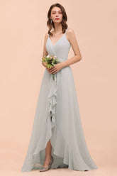 Long A-line V-neck Ruffle Chiffon Bridesmaid Dress