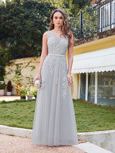 Long Lace V-neck Tulle A-line Grey Wedding Guest Dresses