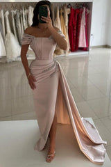 Long Mermaid Off the Shoulder Satin Formal Evening Dresses with Slit