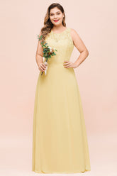 Long Plus Size Chiffon Jewel Daffodil Bridesmaid Dress with Lace
