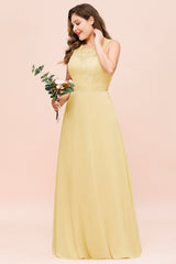 Plus Size Chiffon Jewel Daffodil Long Wedding Guest Dress with Lace