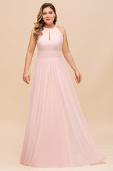 Long Plus Size Long Halter Chiffon Pink Bridesmaid Dress