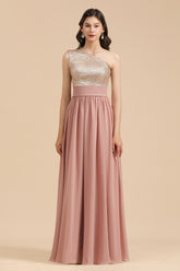 Long A-line One Shoulder Chiffon Dusty Rose Wedding Guest Dresses