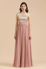 Long A-line One Shoulder Chiffon Dusty Rose Wedding Guest Dresses