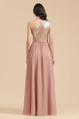 Long A-line One Shoulder Chiffon Dusty Rose Wedding Guest Dresses