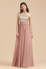Long A-line One Shoulder Chiffon Dusty Rose Wedding Guest Dresses