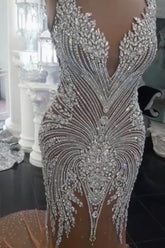 Long V-Neck Backless Tulle Beads Mermaid Wedding Dresses