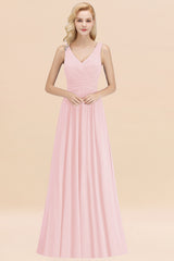 Long V-neck Sleeveless Chiffon A-line Blushing Pink Bridesmaid Dress