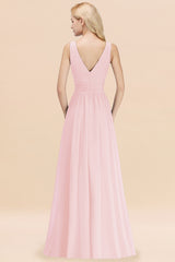 Long V-neck Sleeveless Chiffon A-line Blushing Pink Bridesmaid Dress