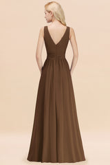 Long V-neck Sleeveless Chiffon A-line Brown Bridesmaid Dress