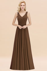 Long V-neck Sleeveless Chiffon A-line Brown Bridesmaid Dress