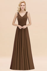 Long V-neck Sleeveless Chiffon A-line Brown Bridesmaid Dress